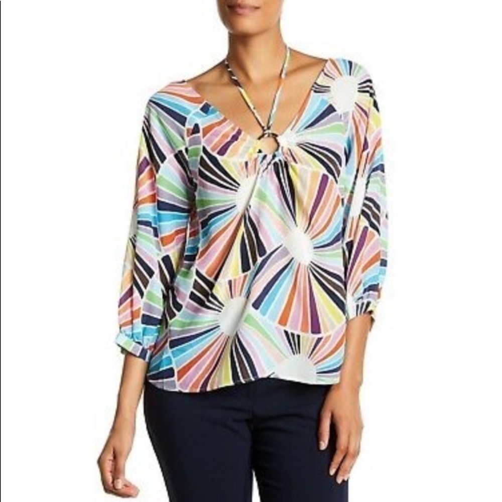 Trina Turk Amorita Silk Halter Tie Blouse Geometric Resort Print Size S